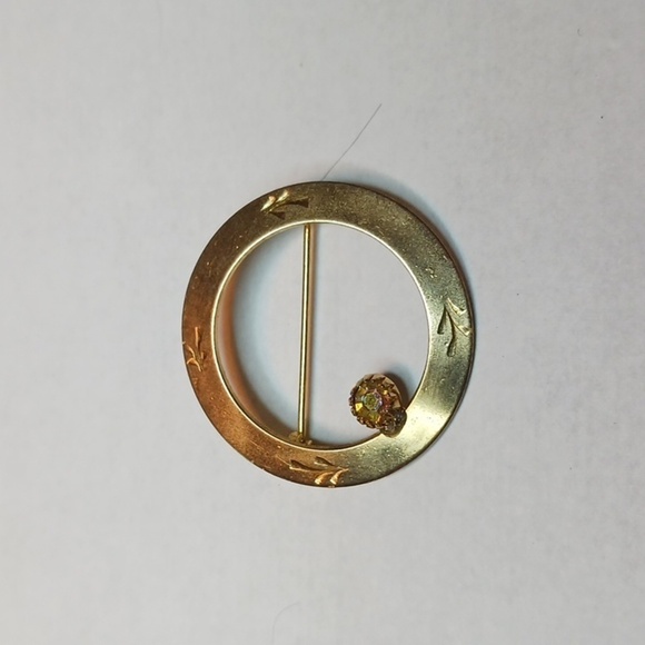 Vintage 1/20- 12 carat gold filled A.B. Rhinestone Gold Round Brooch Pendant - Picture 7 of 7